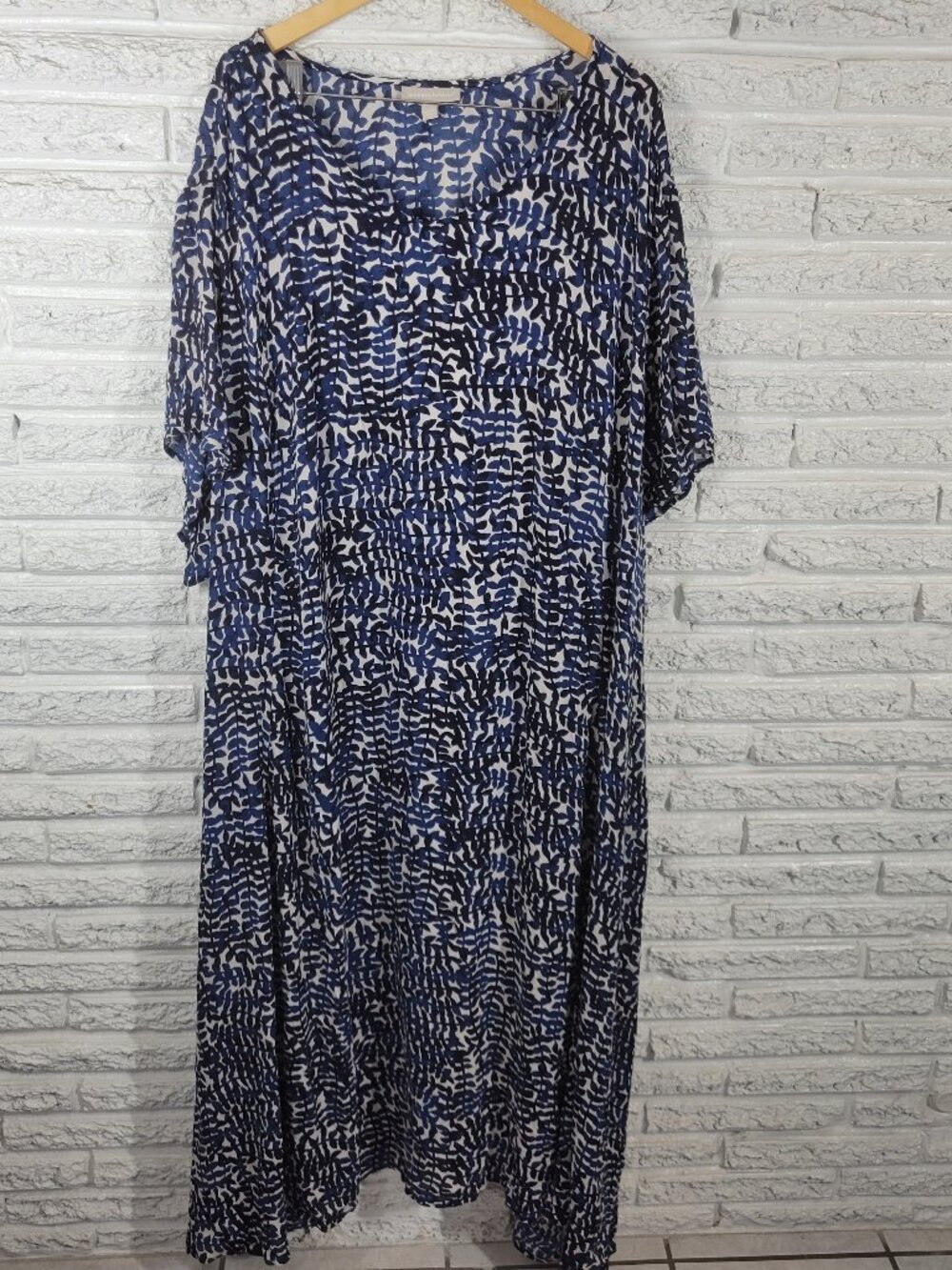 Woman Within Plus 5X Blue Leaf Shirt Dress Cap Sleeve Boat Neck Rayon D10E